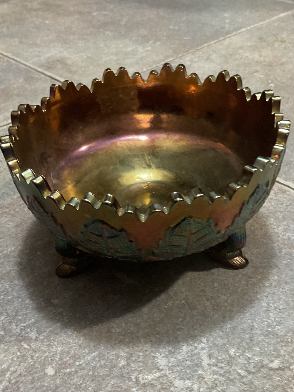 Fenton Iridescent Gold and Copper Ruffled Edge Bowl. carnival glass. Vintage